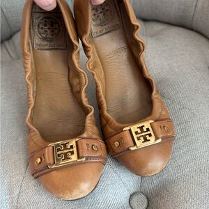 Tory Burch Tan Leather Ballet Flats with Gold Logo